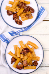 macaroni with a fried chicken liver