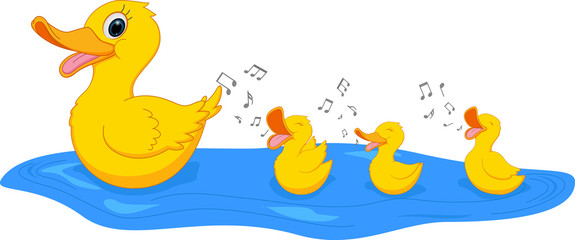 Happy Mother duck swimming with duckling