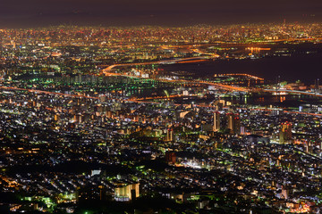 Fototapeta premium Osaka and Kobe at night, View from the Kukuseidai of Mt.Maya