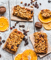 granola bars citrus, peanut butter and dried fruit, healthy food