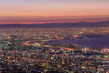 Fototapeta na wymiar Osaka and Kobe in the twilight, View from the Kukuseidai of Mt.M