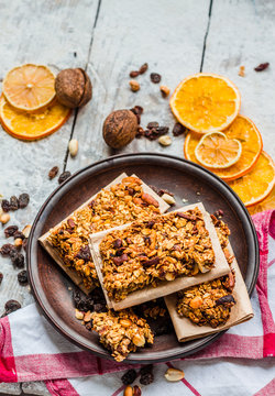 Homemade citrus granola protein bars with peanut butter, honey,