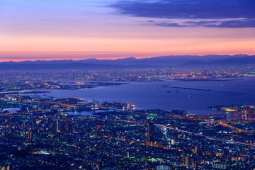 Fototapeta premium Osaka and Kobe in the twilight, View from the Kukuseidai of Mt.M
