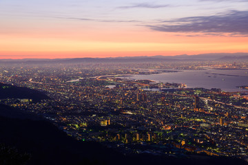 Osaka and Kobe in the twilight, View from the Kukuseidai of Mt.M