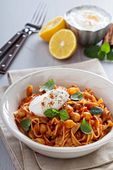 Pasta with tomato sauce and chickpeas