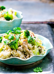 fried rice with pork, vegetables and eggs.