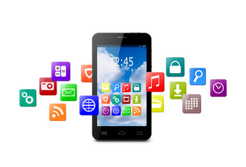 Touchscreen smartphone with cloud of colorful application icons
