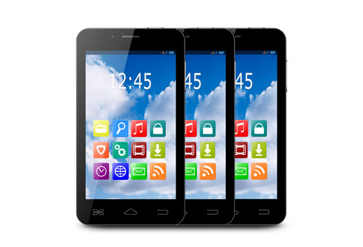 Three touchscreen smartphone with application icons