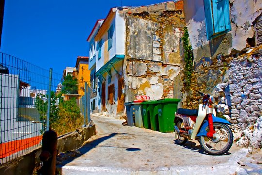 Digital painting of an old rusty moped in a  greek village