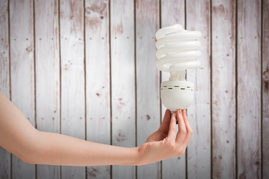 Composite image of hand holding energy efficient light bulb