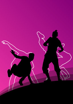 Active young man and woman dancers silhouettes in abstract line