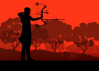 Active young archery sport silhouette in abstract background ill