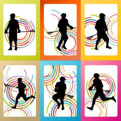 Lacrosse player in action vector background set