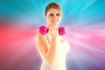 Composite image of woman lifting weights