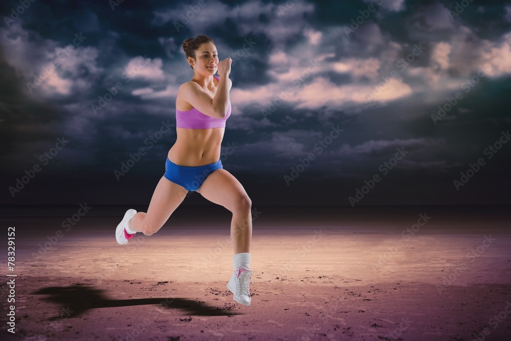 Aufkleber composite image of fit brunette running and jumping