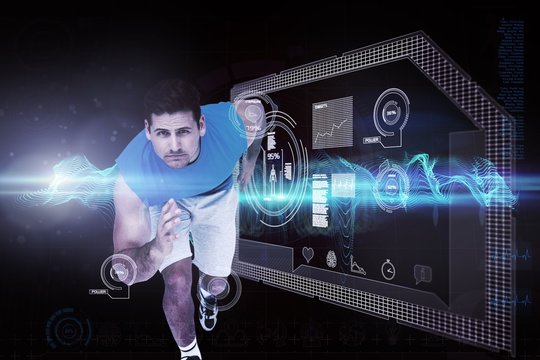 Composite image of portrait of a young sporty man running