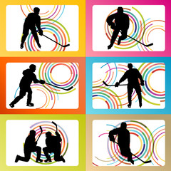 Ice hockey player silhouette set vector background