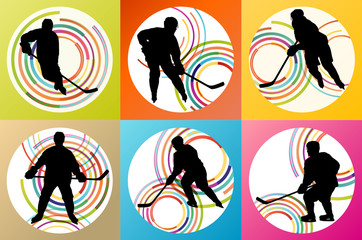 Ice hockey player silhouette set vector background