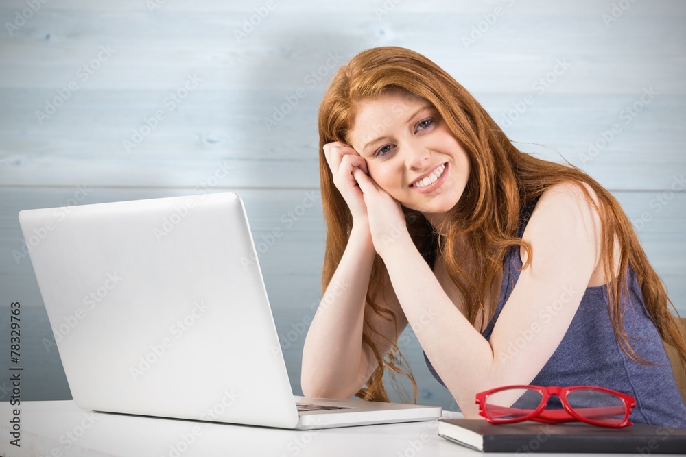 Poster composite image of pretty redhead working on laptop