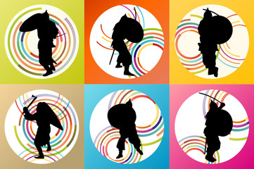 Medieval warrior, crusader vector background set concept