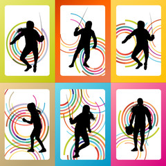 Fencing sport silhouette vector background set concept