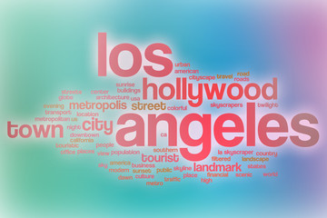Los Angeles word cloud with abstract background