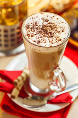 Latte coffee on table, delicious hot drink