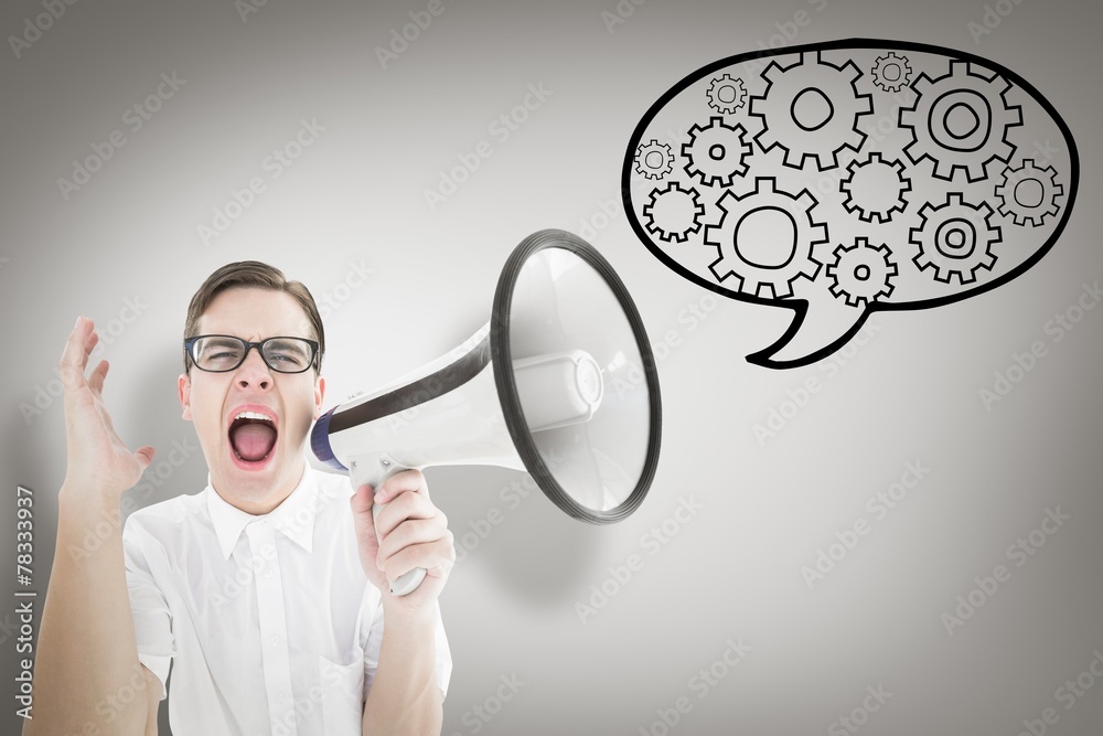 Poster Composite image of geeky businessman shouting through megaphone