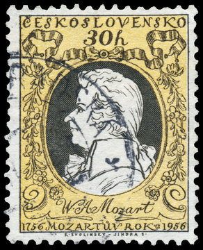 Stamp printed in Hungary shows Wolfgang Amadeus Mozart