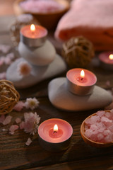 Composition of spa treatment on wooden background