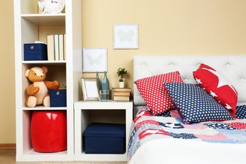 Modern colorful bedroom interior with bed and nightstand, with