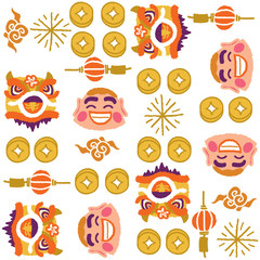 Chinese New Year Lion Dancing pattern - freehand drawing vector 