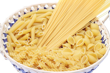 Raw pasta in basket