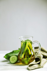 Glass ewer with fresh organic cucumber water