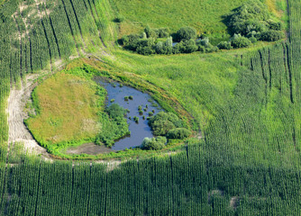 Aerial view on the flood land the great river during summer.