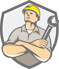 Builder Arms Crossed Wrench Shield Retro