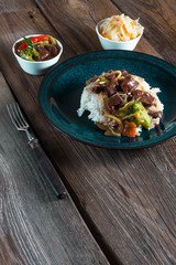 Spice beef with rice.