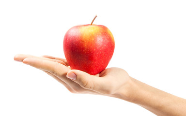 hand holding apple isolated on white background
