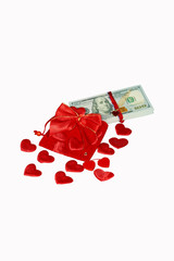 Red purse with one hundred dollar banknotes