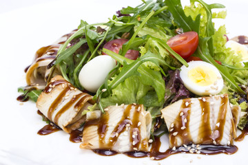 salad of green vegetables and meat, fish eel restaurant