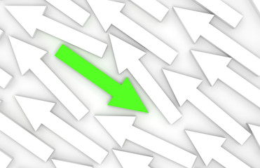 Abstract 3d illustration, one green arrow goes opposite