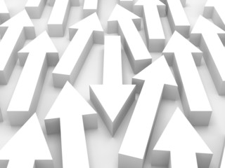 One white 3d arrow goes opposite in a large group