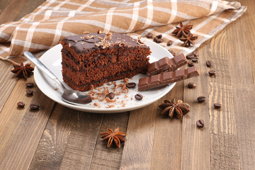 chocolate cake  in a bowl on a wooden boards background