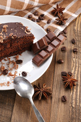 chocolate cake  in a bowl on a wooden boards background