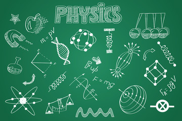 Hand drawn Physics set. Chalk on the blackboard