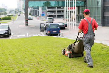 City landscaper cutting grass with gasoline lawn mower - obrazy, fototapety, plakaty