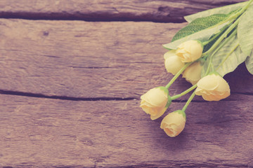 Wood background with spring flowers in vintage tone.