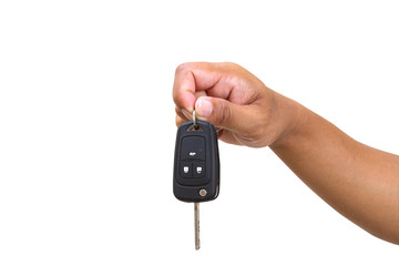 close up of hand holding keys Isolated on white