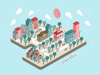 flat 3d isometric city life concept illustration