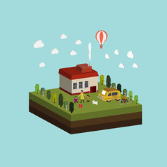 flat 3d isometric life in countryside illustration